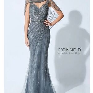 Ivonne D Mother of the Bride Dress 221D47 Asymmetrical Cape Gown - Steel Gray